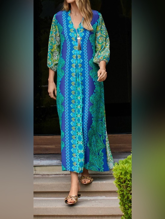 Johnny Was Dresses & Skirts - Johnny Was Kahinu 100% Silk Maxi Dress Kaftan Blue Green Floral XS NEW